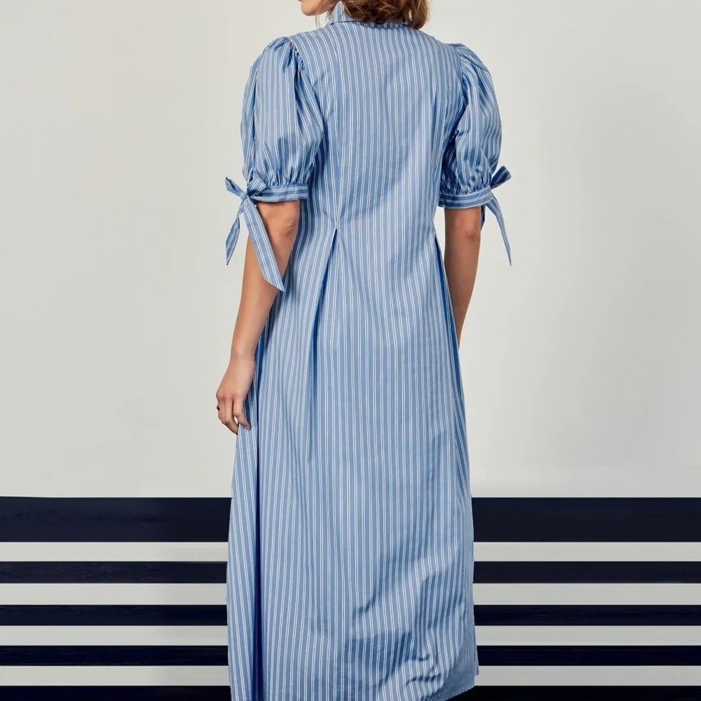 English Factory NWOT Size 1X Powder Blue Striped Godet Midi Dress - Picture 3 of 7